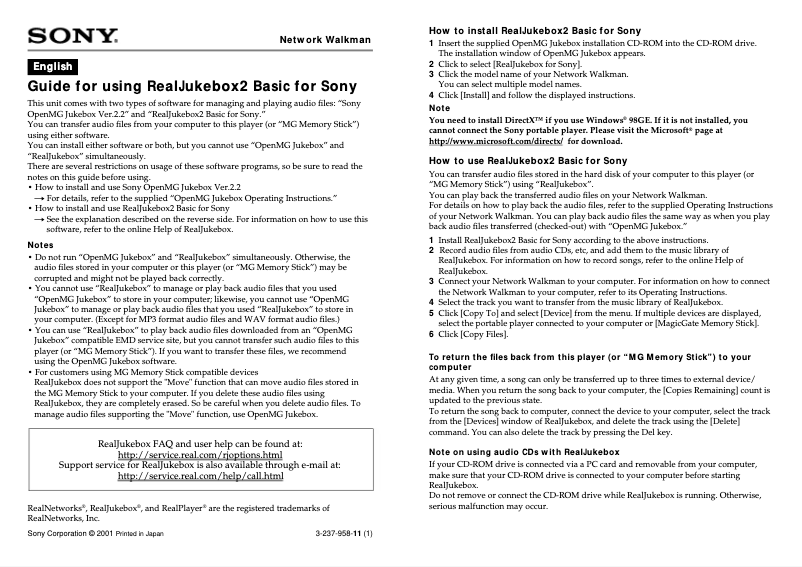 Page n°1 - Manuel utilisateur Sony Walkman NW-S4