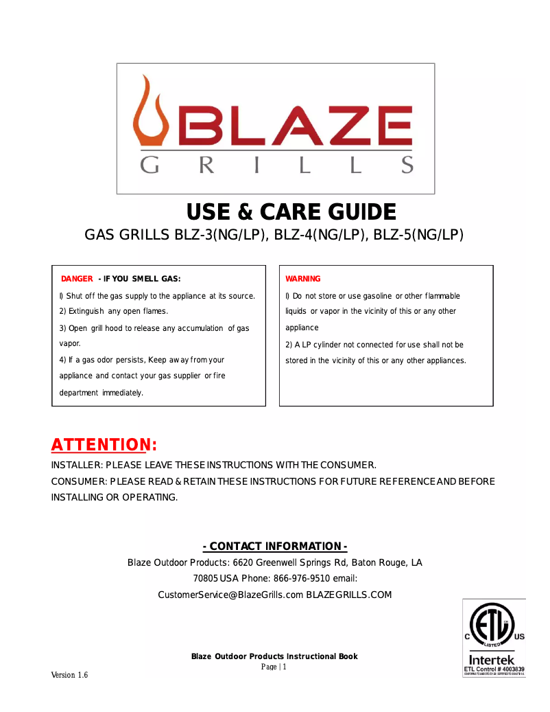 Page 1 de la notice Manuel utilisateur Blaze BLZ-4