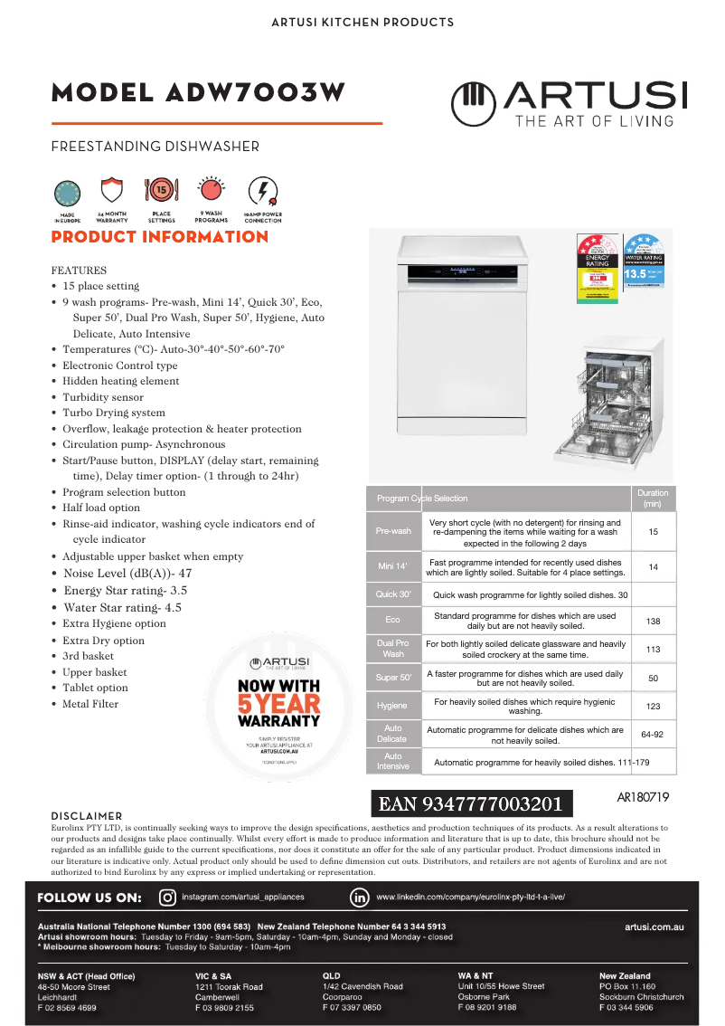 Page 1 de la notice Fiche technique Artusi ADW7003W