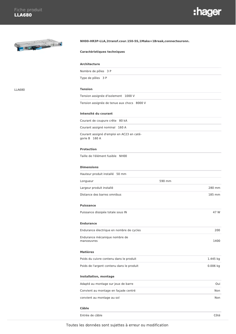 Page 1 de la notice Fiche technique Hager LLA680