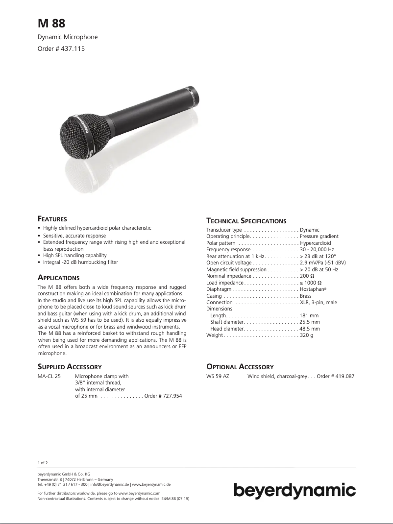 Page n°1 - Fiche technique Beyerdynamic M 88