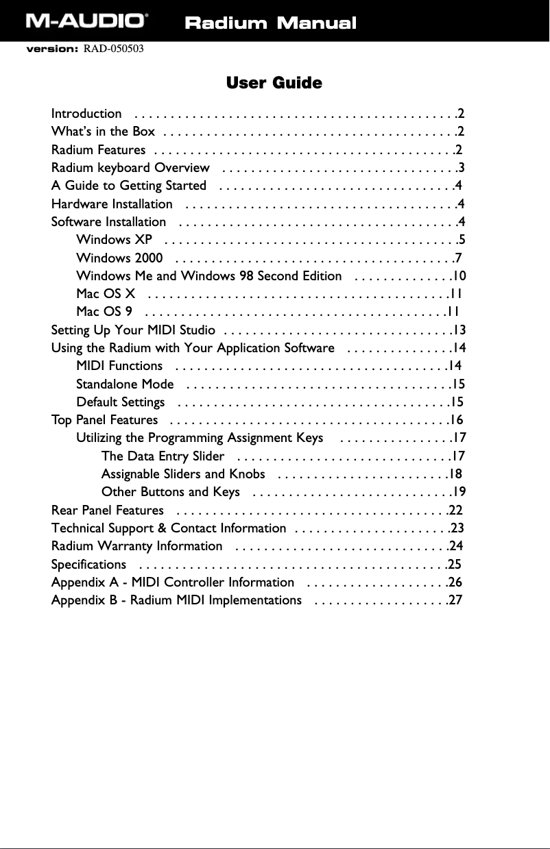 Page 1 de la notice Manuel utilisateur M-Audio Radium 49