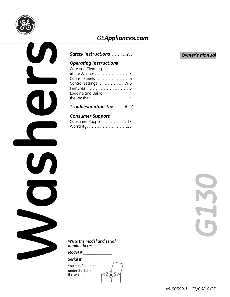 Page n°1 - Manuel utilisateur GE GTWN3000MWS