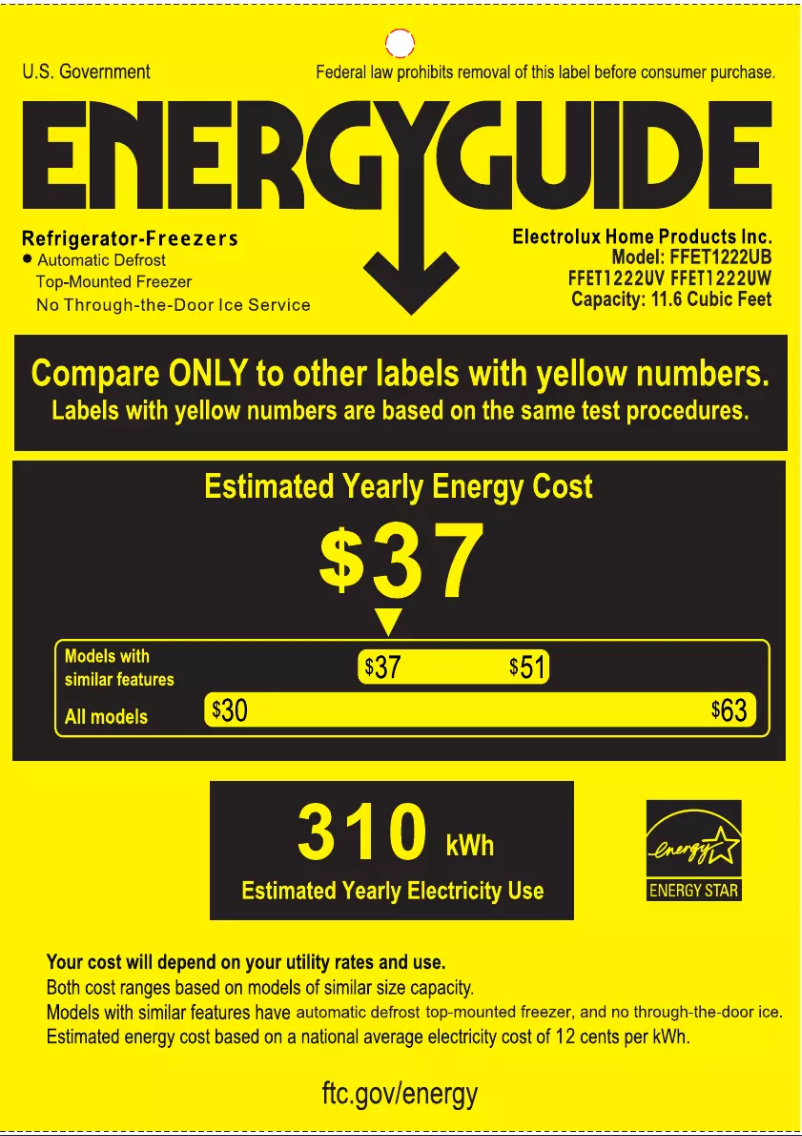 Página 1 del manual Etiqueta energética Frigidaire FFET1222UW