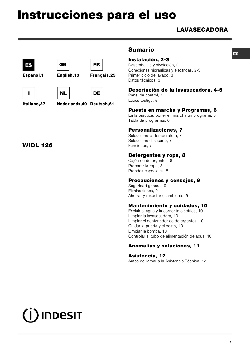 Page n°1 - Manuel utilisateur Indesit WISL 105 X