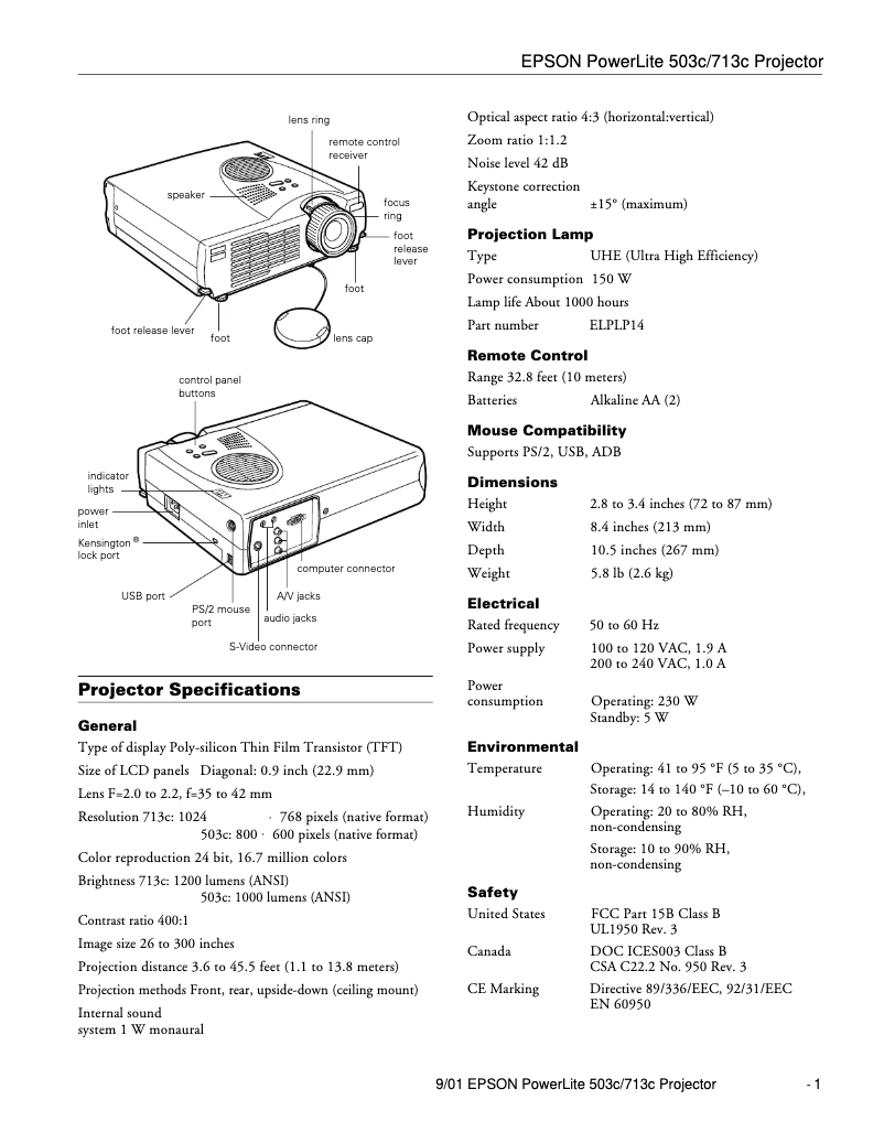 Page 1 de la notice Fiche technique Epson PowerLite 503c