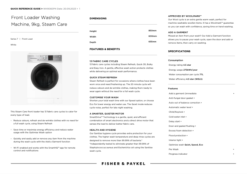 Page n°1 - Fiche technique Fisher & Paykel WH9060P4