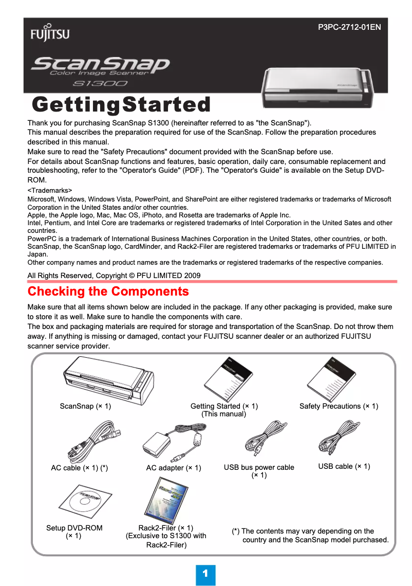 Page 1 de la notice Manuel utilisateur Fujitsu ScanSnap S1300