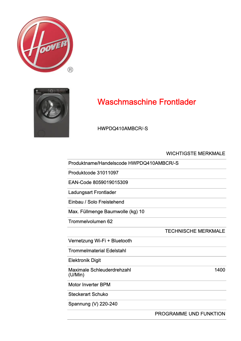 Página 1 del manual Ficha técnica Hoover H-WASH 500 HWP 610AMBC/1-S