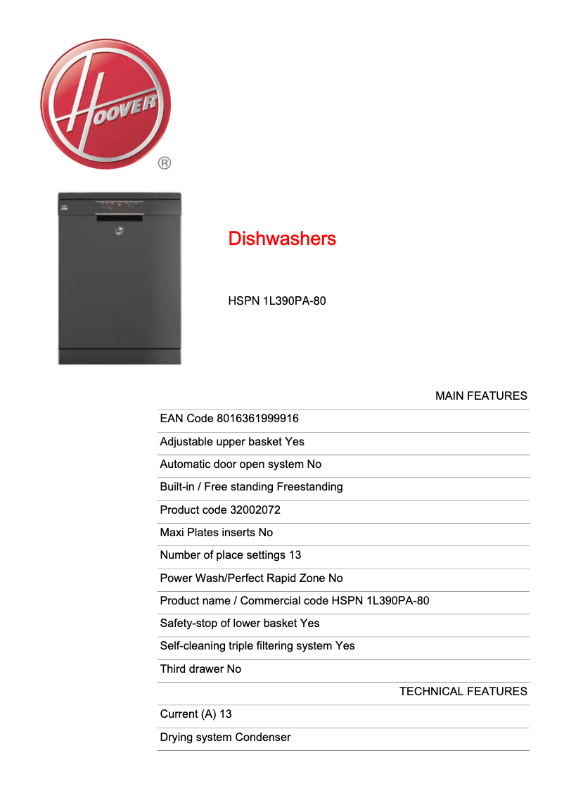 Page 1 de la notice Fiche technique Hoover HSPN 1L390PA-80