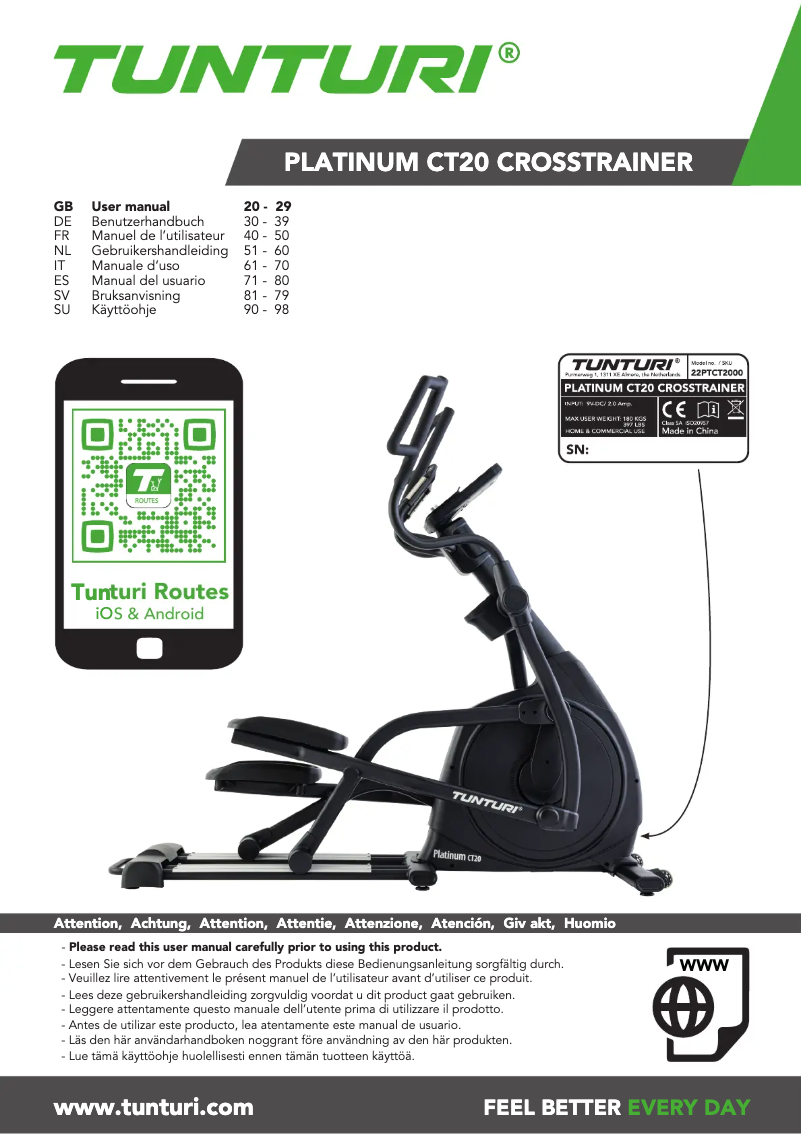 Page n°1 - Manuel utilisateur Tunturi Platinum CT20