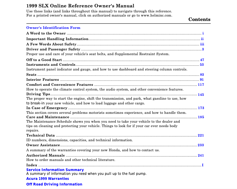Page 1 de la notice Manuel utilisateur Acura SLX (1999)