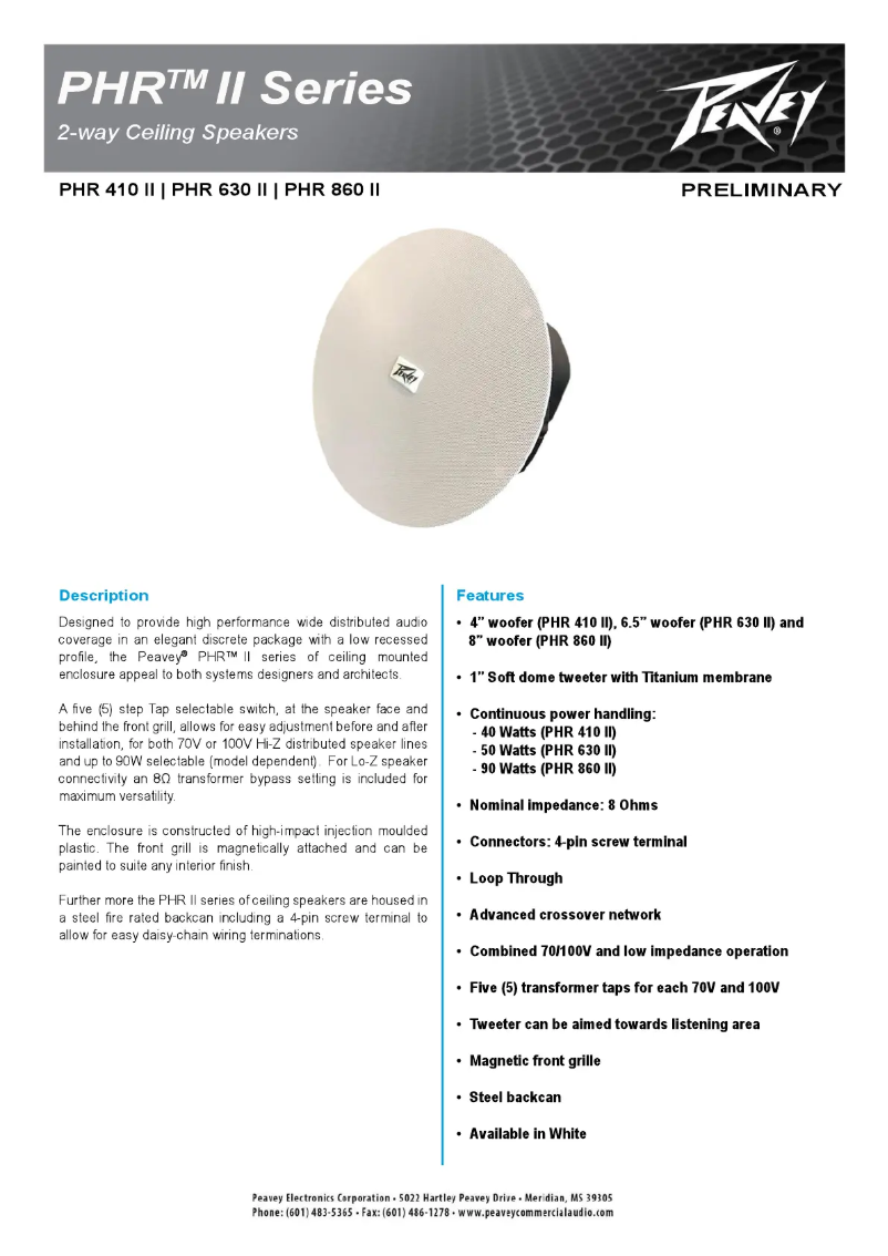 Page 1 de la notice Fiche technique Peavey PHR 630 II