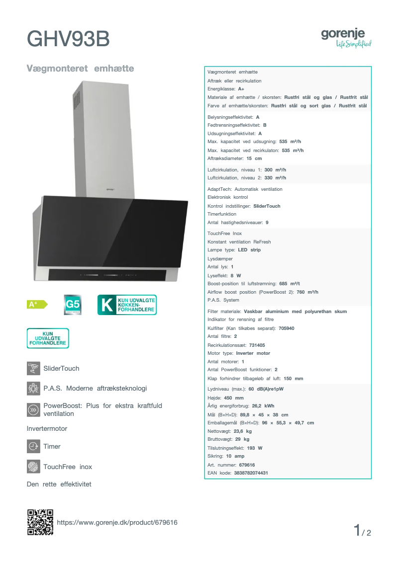 Page 1 de la notice Fiche technique Gorenje GHV93B