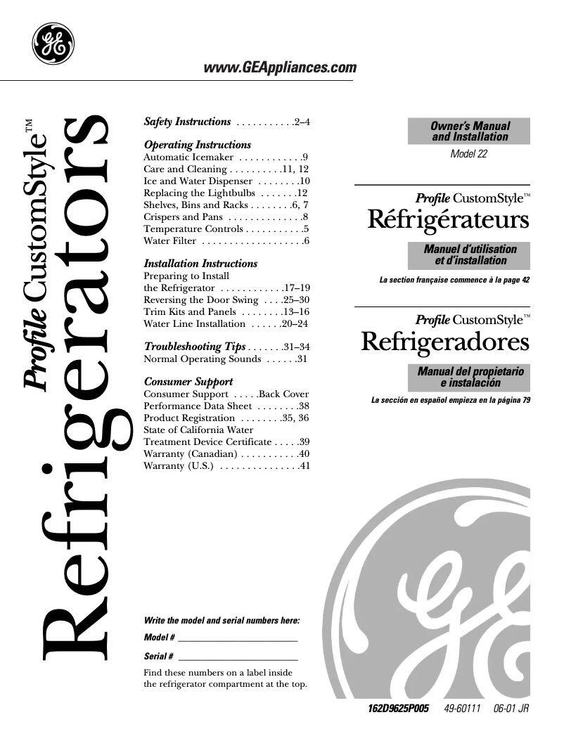 Page 1 de la notice Guide d'installation GE Profile CustomStyle PTI22MFMLBB