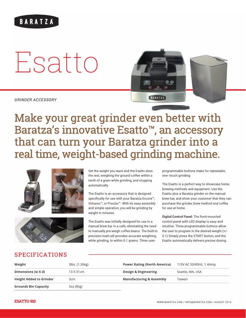 Page 1 de la notice Fiche technique Baratza ESATTO