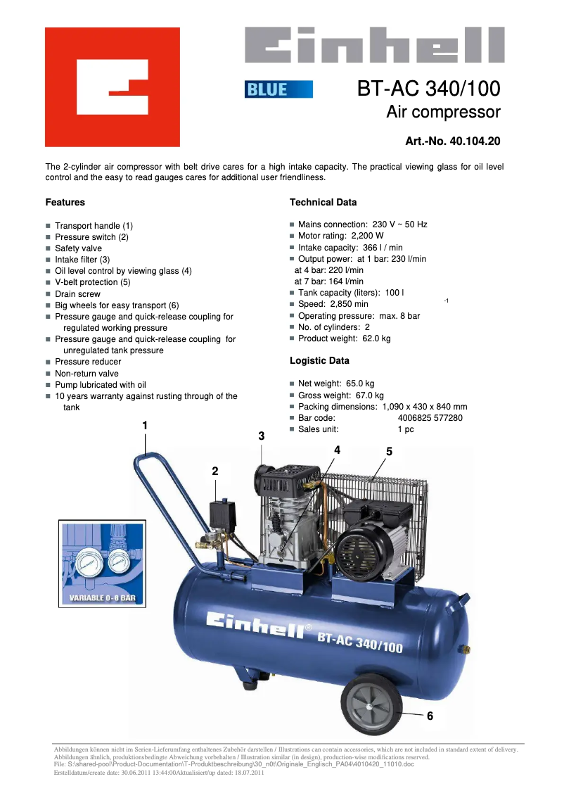 Page 1 de la notice Manuel utilisateur Einhell BT-AC 340/100