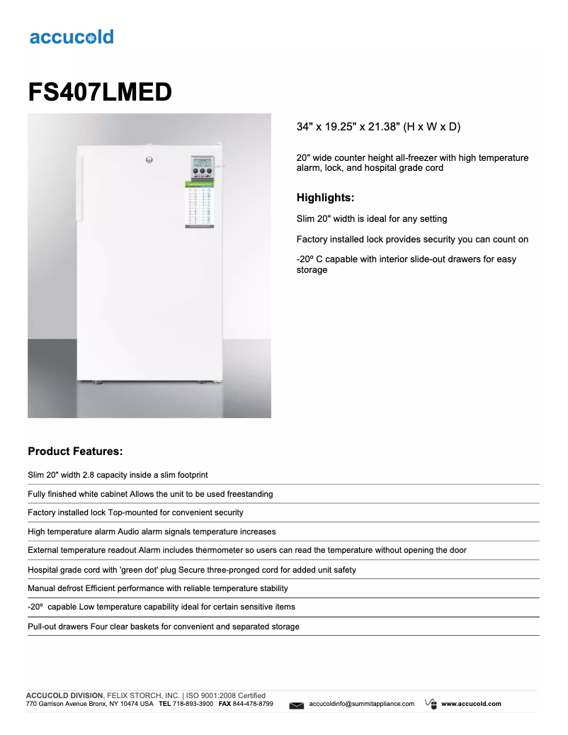 Page 1 de la notice Fiche technique Summit Accucold FS407LMED