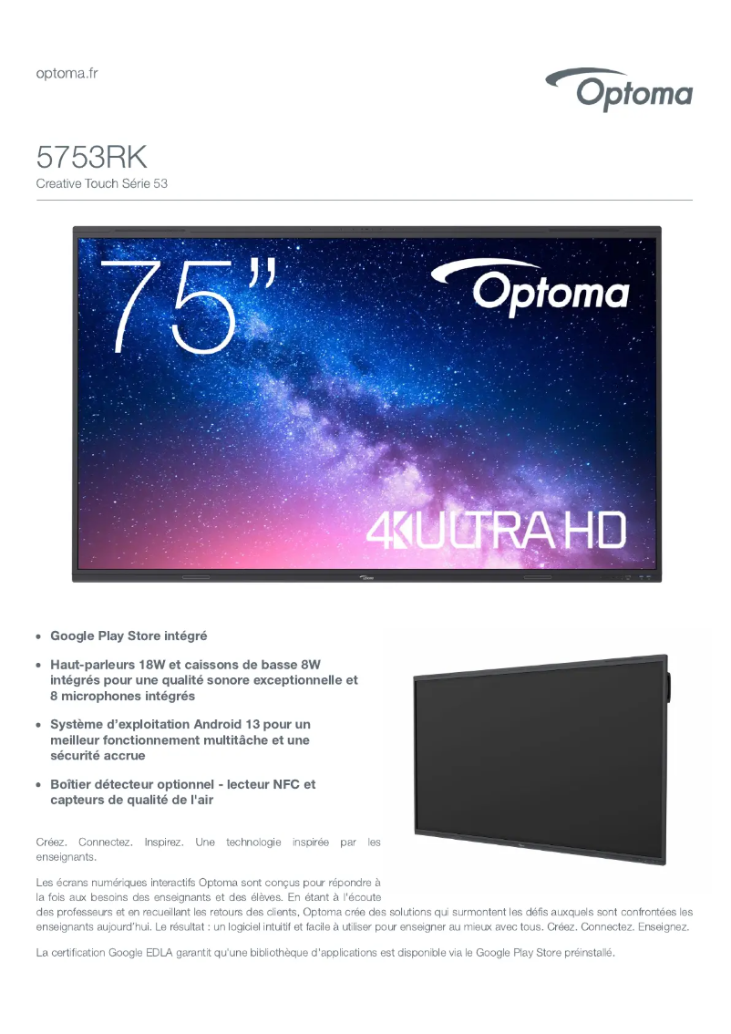 Page 1 de la notice Fiche technique Optoma 5753RK