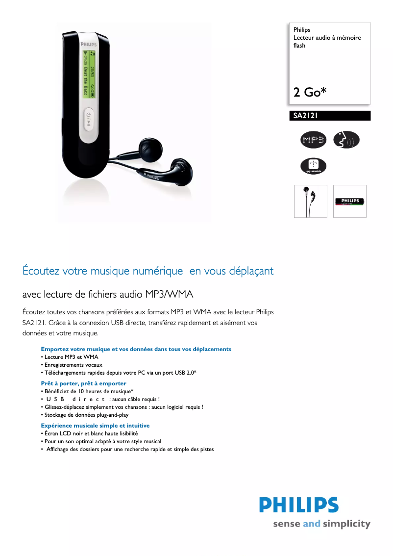 Page 1 de la notice Fiche technique Philips SA2121