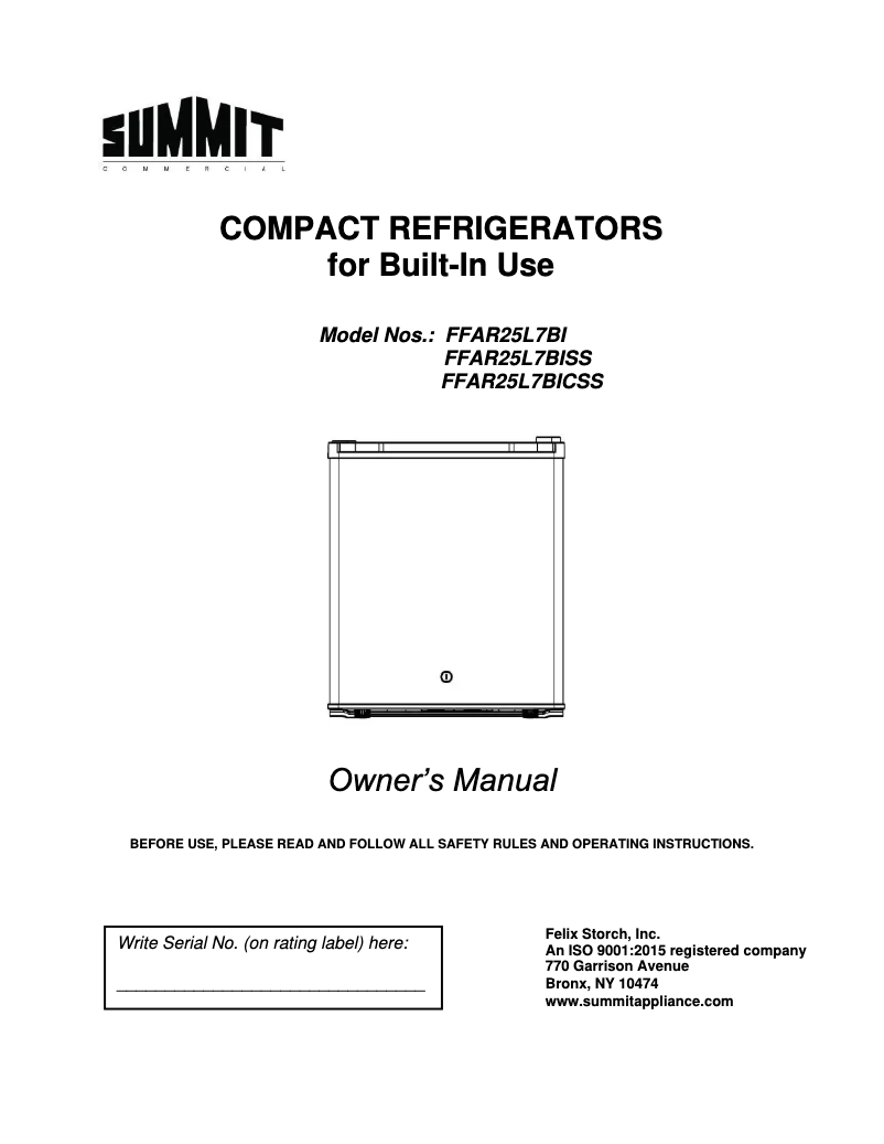 Page 1 de la notice Manuel utilisateur Summit FFAR25L7BICSS