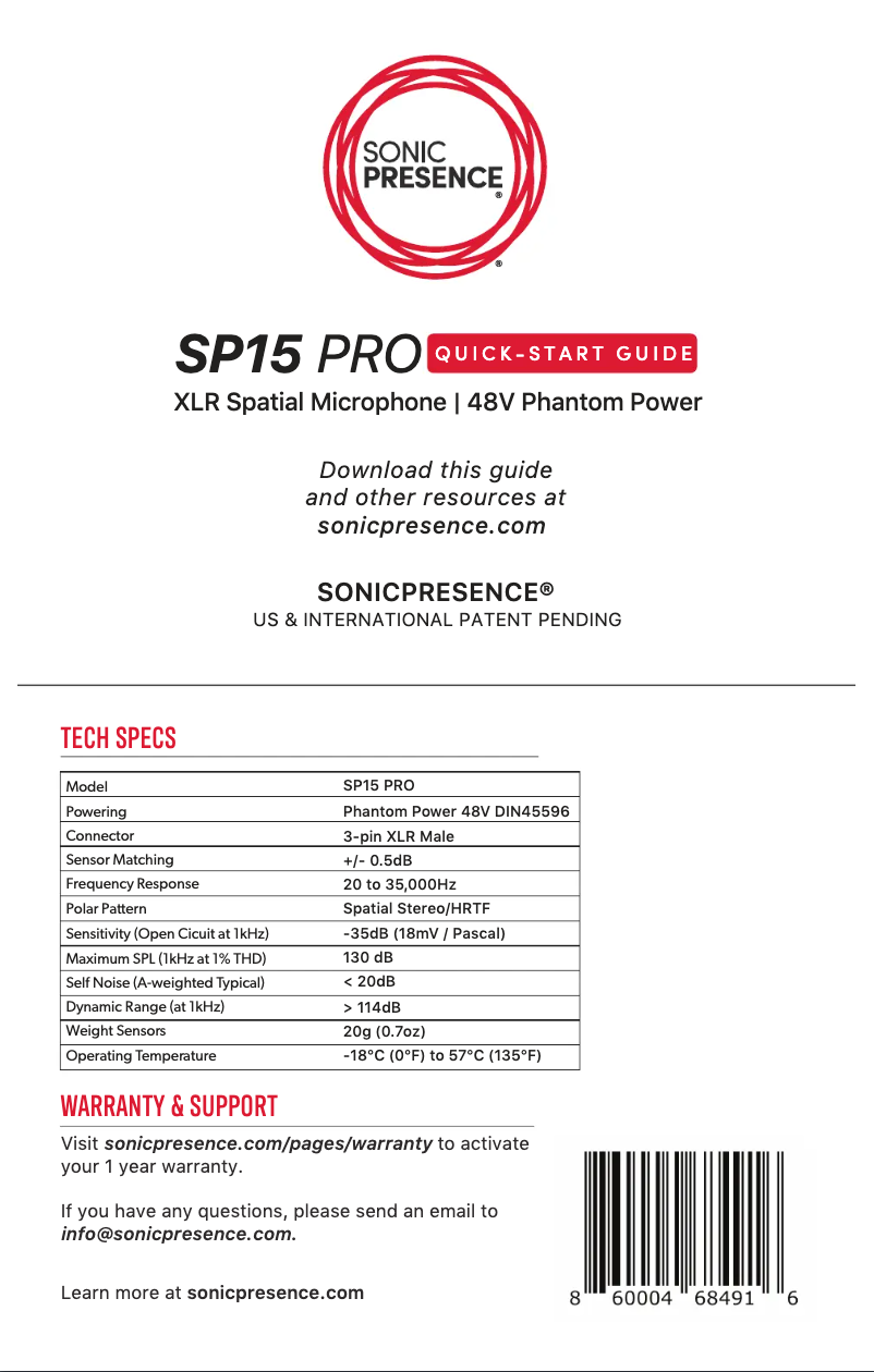 Page 1 de la notice Manuel utilisateur Sonic Presence SP15 PRO