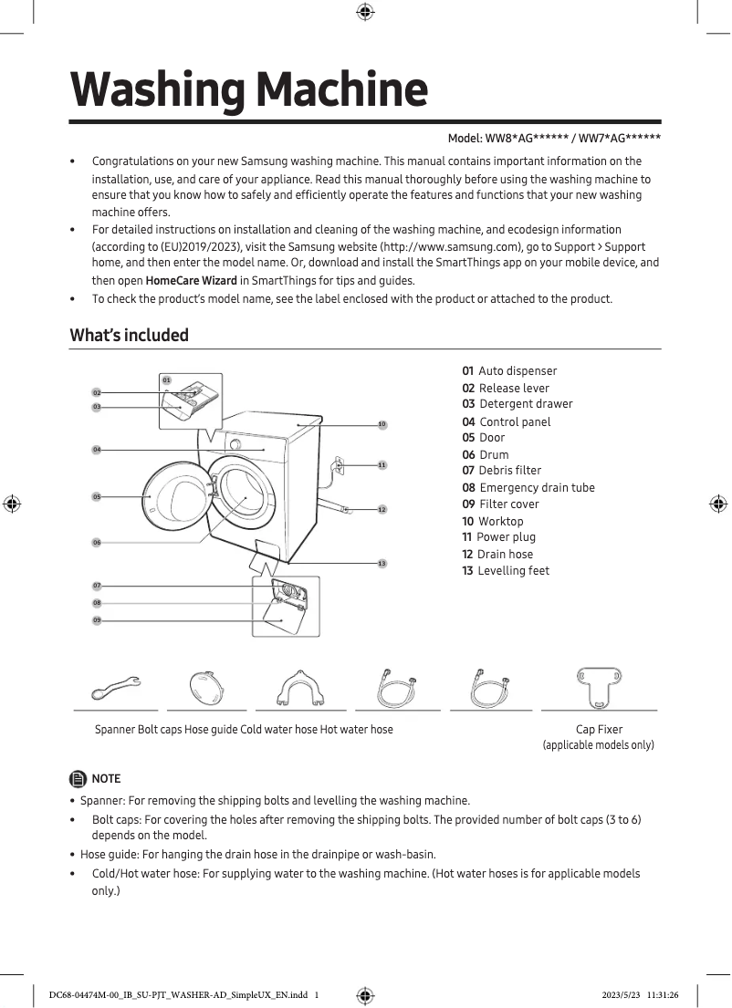 Page 1 de la notice Guide de démarrage rapide Samsung WW80AG6L28