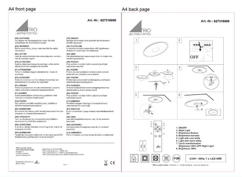 Page 1 de la notice Manuel utilisateur Trio Lighting Tokaya 627316000