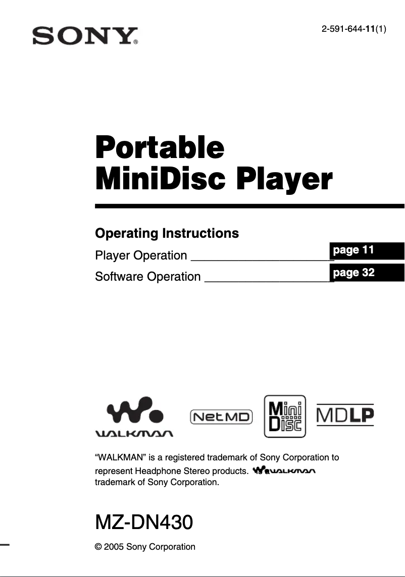 Page 1 de la notice Manuel utilisateur Sony MZ-DN430