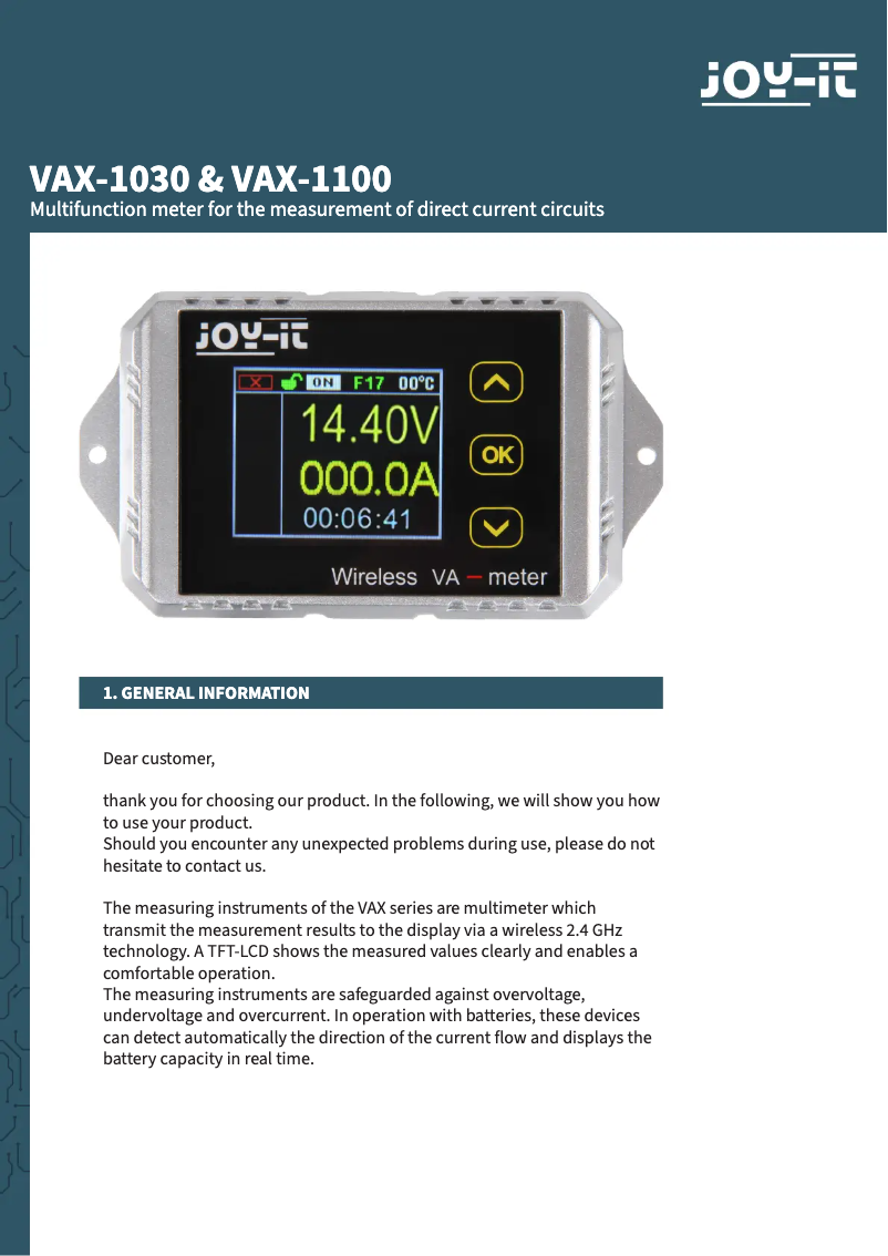 Page 1 de la notice Manuel utilisateur Joy-It VAX 1100