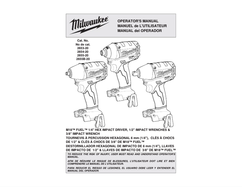 Page 1 de la notice Manuel utilisateur Milwaukee 2654-20