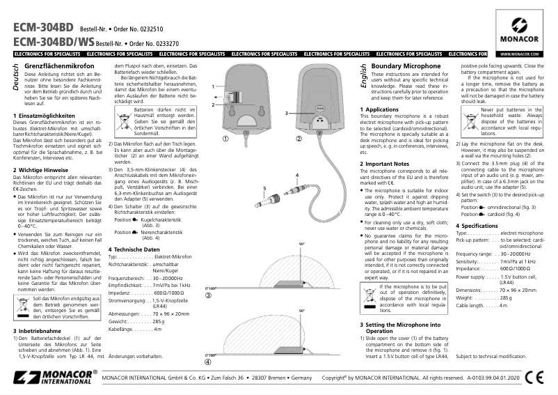 Page n°1 - Manuel utilisateur Monacor ECM-304BD
