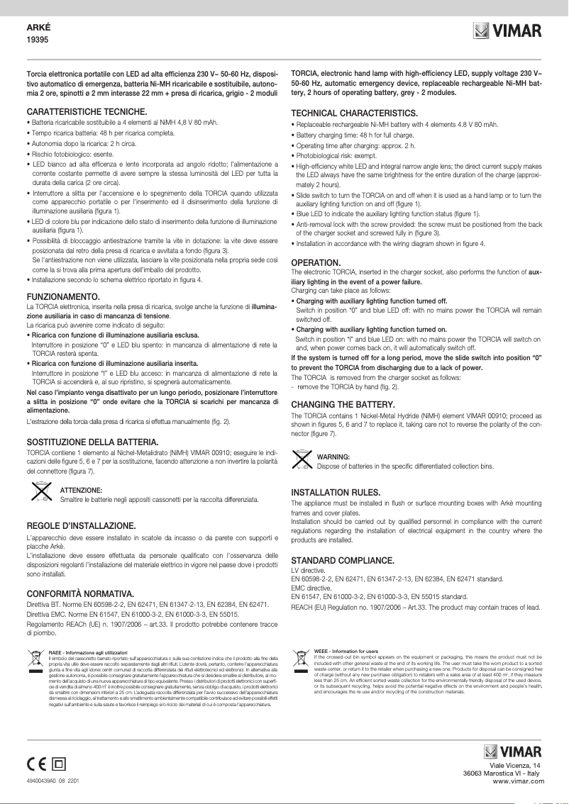 Page 1 de la notice Manuel utilisateur Vimar 19395