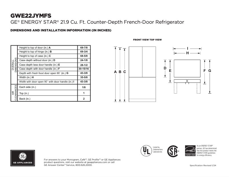 Page 1 of the manual Technical Sheet GE GWE22JYMFS