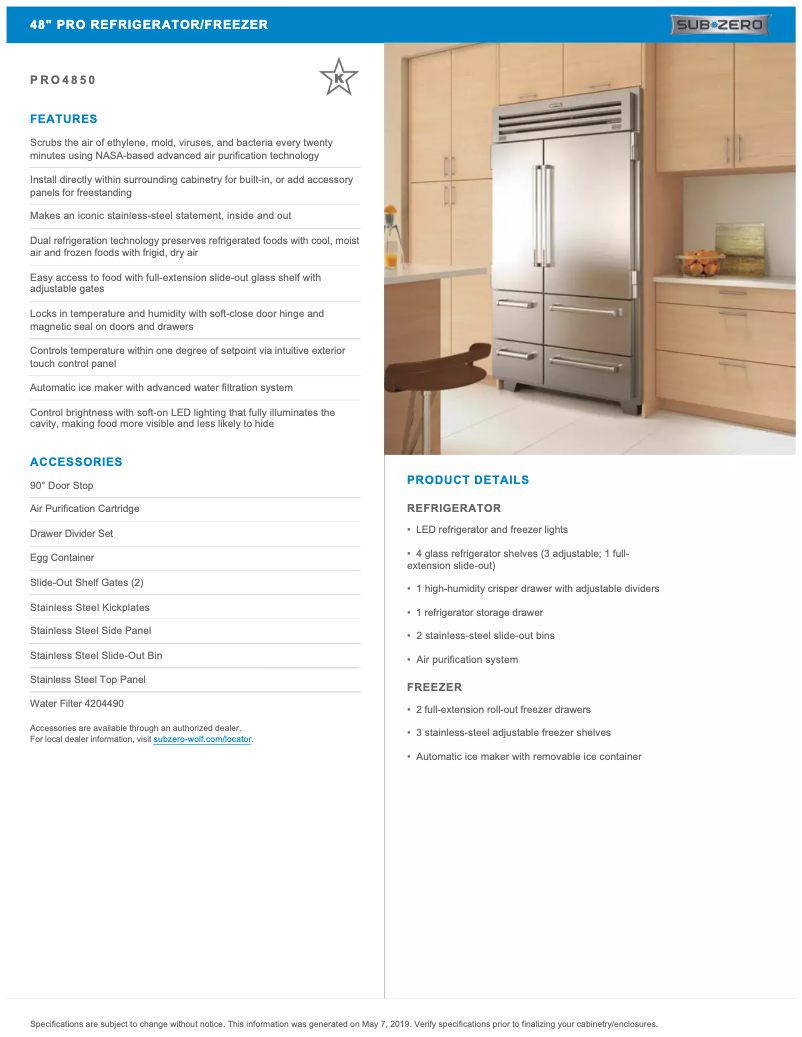 Page 1 de la notice Fiche technique Sub-Zero PRO4850