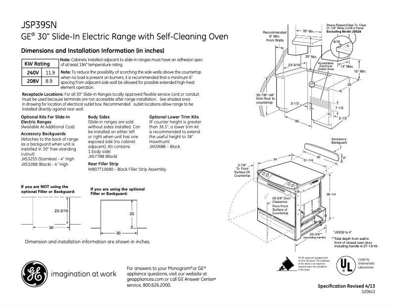 Page 1 of the manual Technical Sheet GE JSP39SNSS