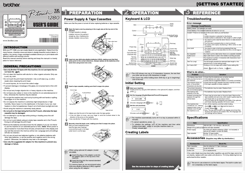 Page 1 de la notice Manuel utilisateur Brother P-touch PT-1280KT