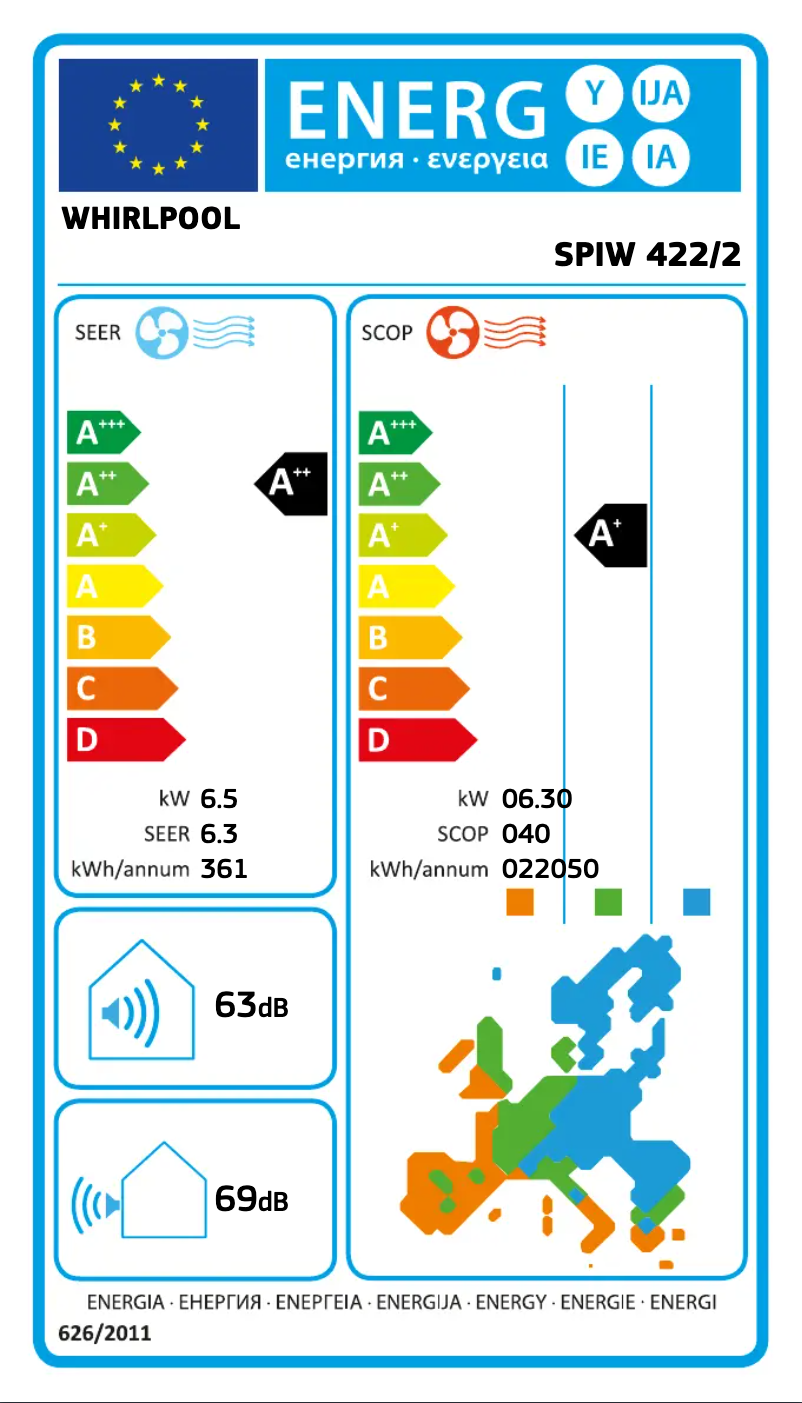 Page 1 de la notice Label énergétique Whirlpool SPIW422/2