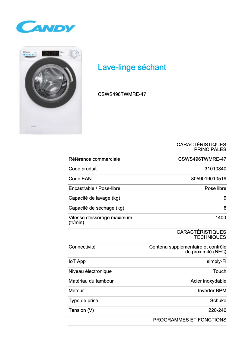 Image de la première page du manuel de l'appareil CSWS496TWMRE-47