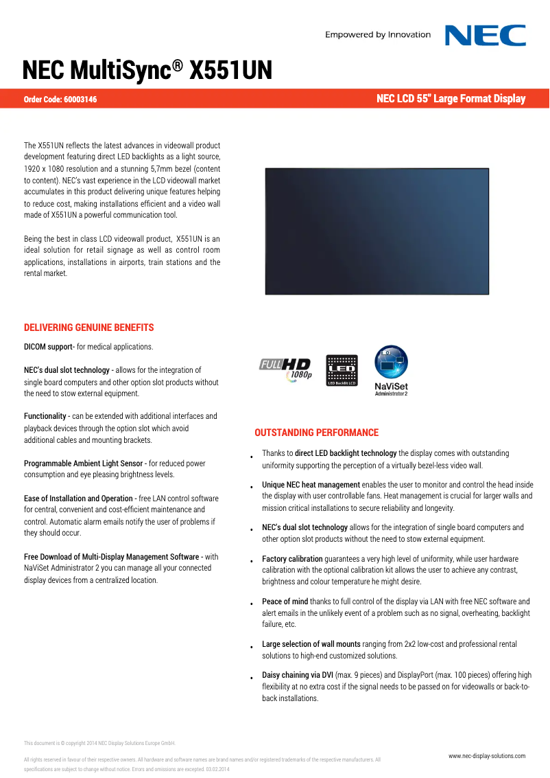 Page 1 de la notice Fiche technique NEC MultiSync X551UN