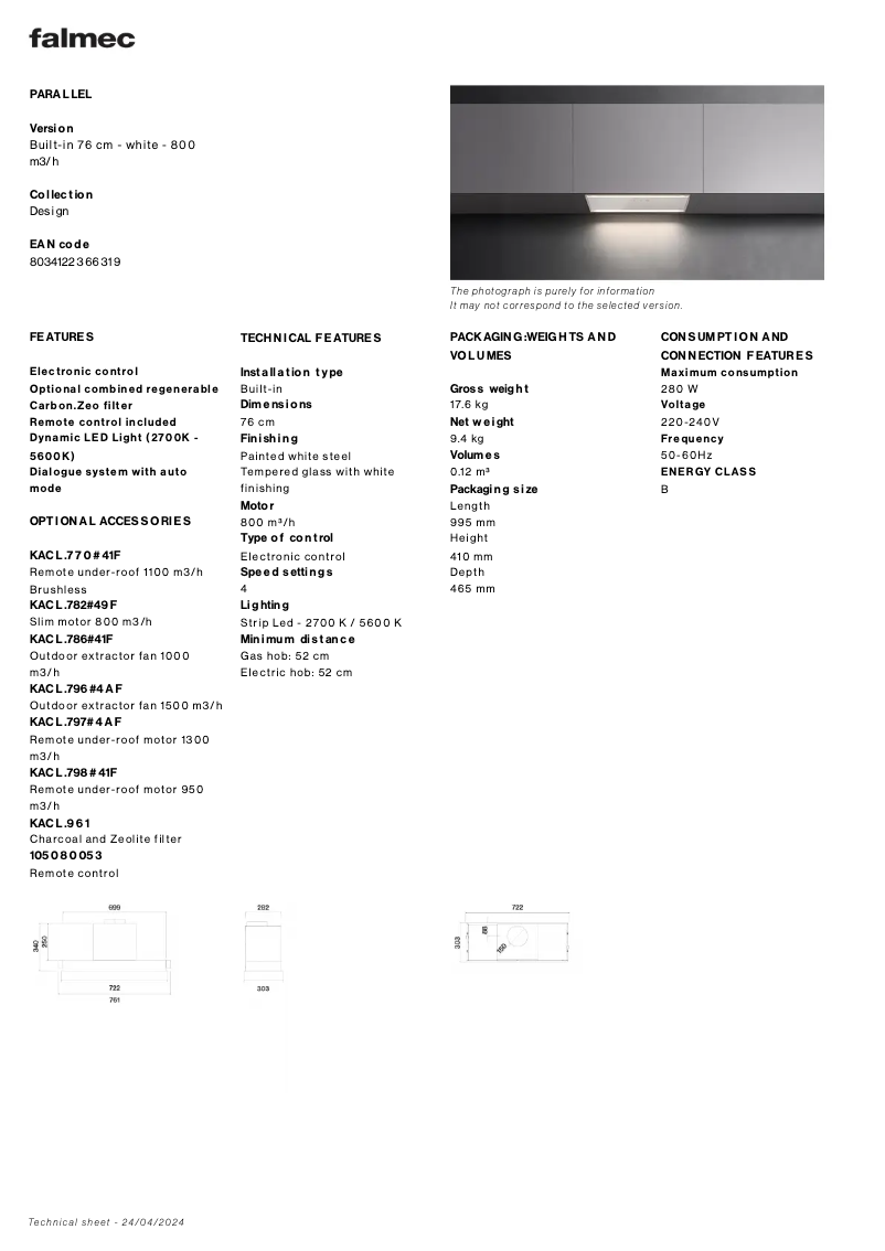 Page 1 de la notice Fiche technique Falmec Parallel 70