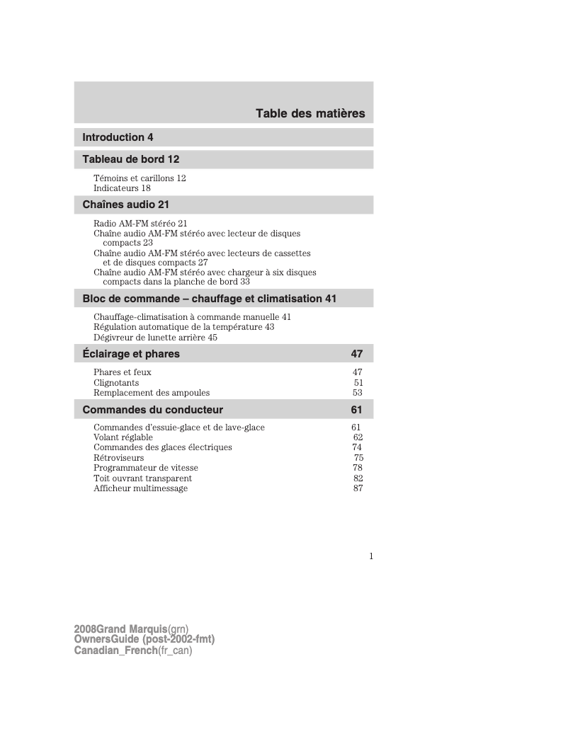 Image de la première page du manuel de l'appareil Grand Marquis (2008)