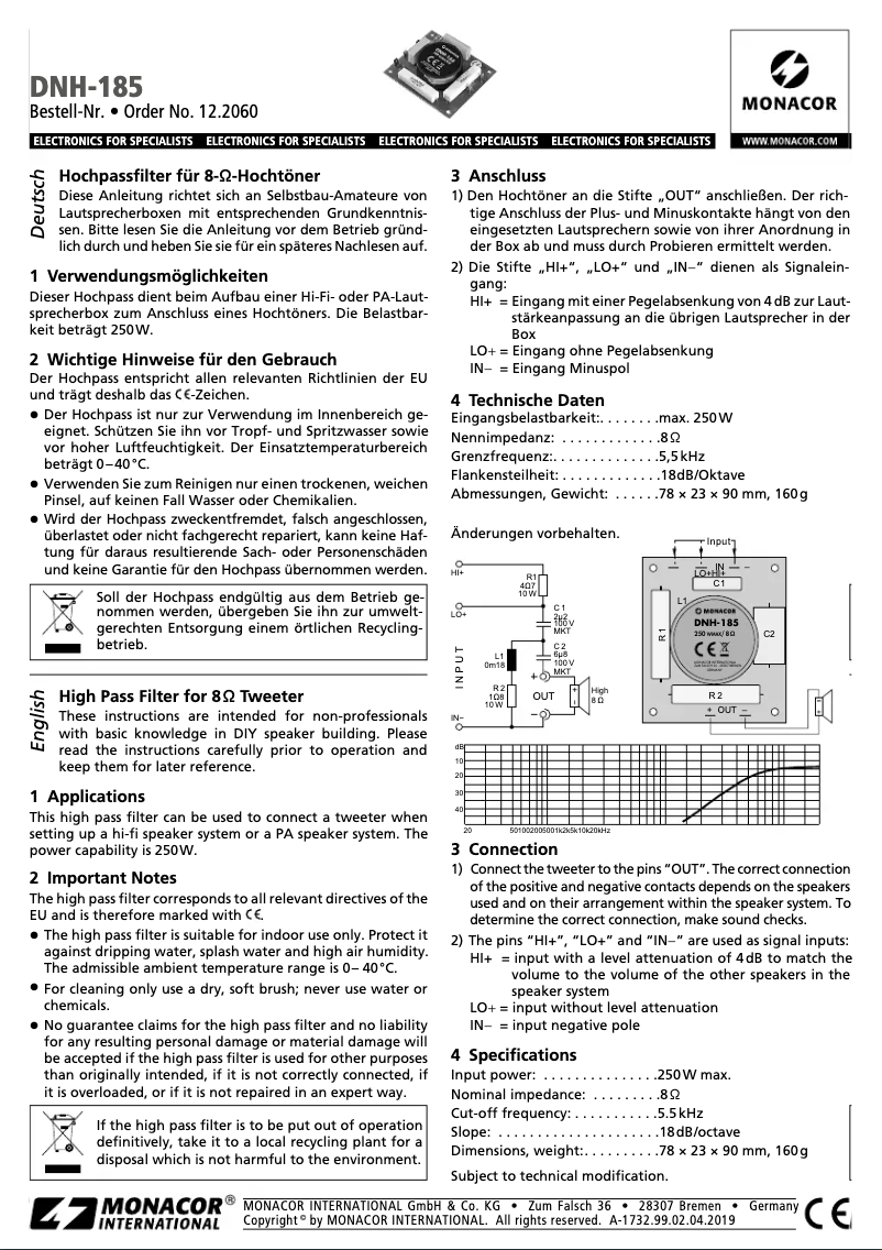 Page n°1 - Manuel utilisateur Monacor DNH-185
