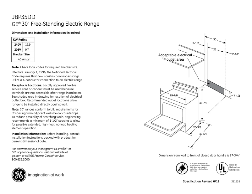 Page 1 de la notice Fiche technique GE JBP35DDBB