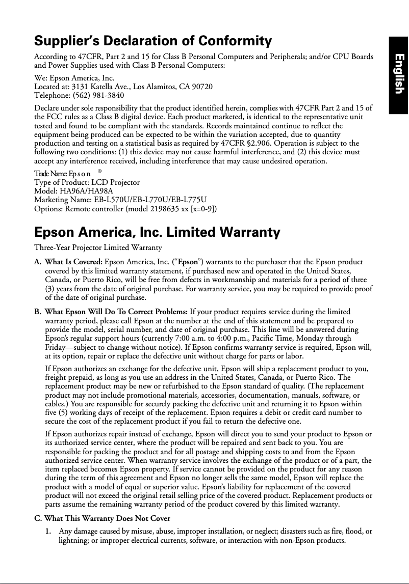 Página 1 del manual Información de garantía Epson PowerLite L570U
