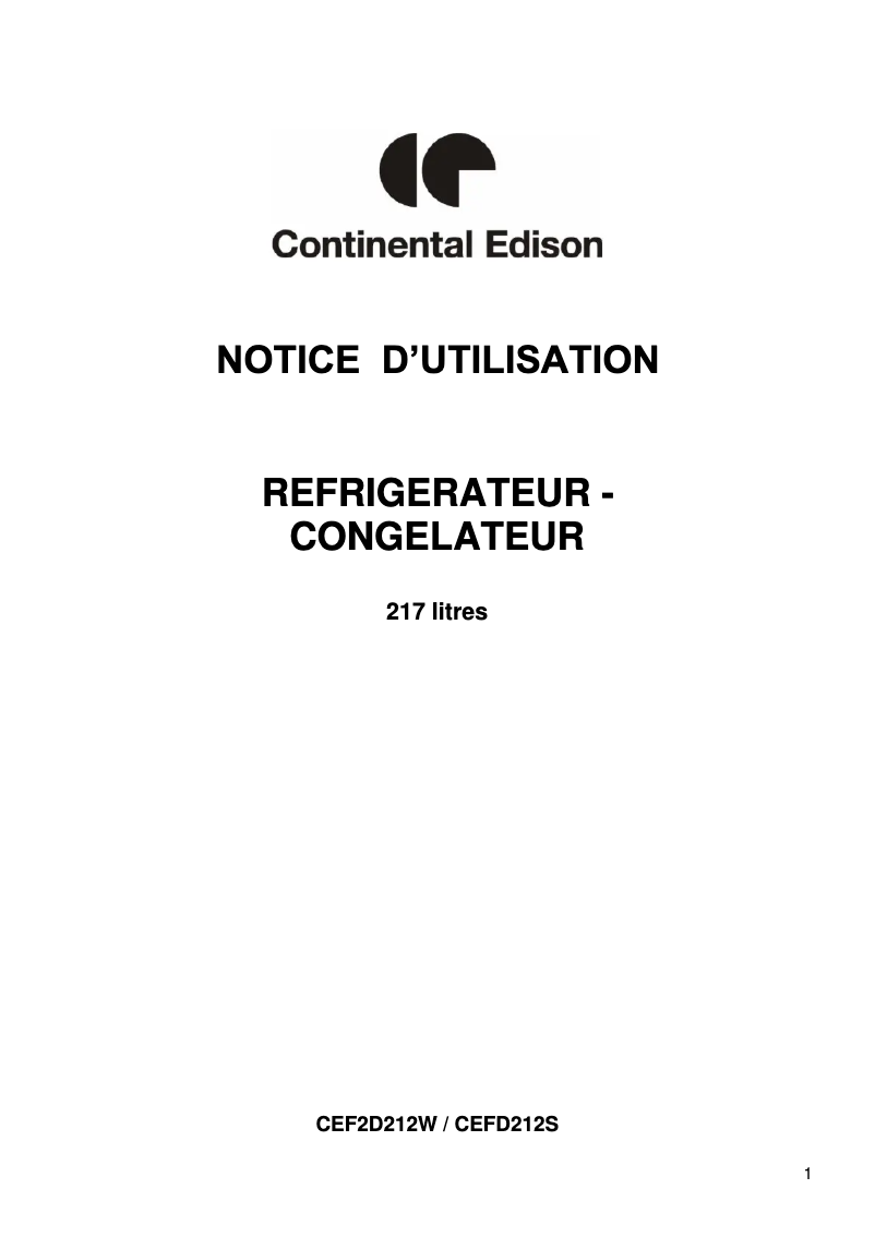 Page 1 de la notice Manuel utilisateur Continental Edison CEF2D212W