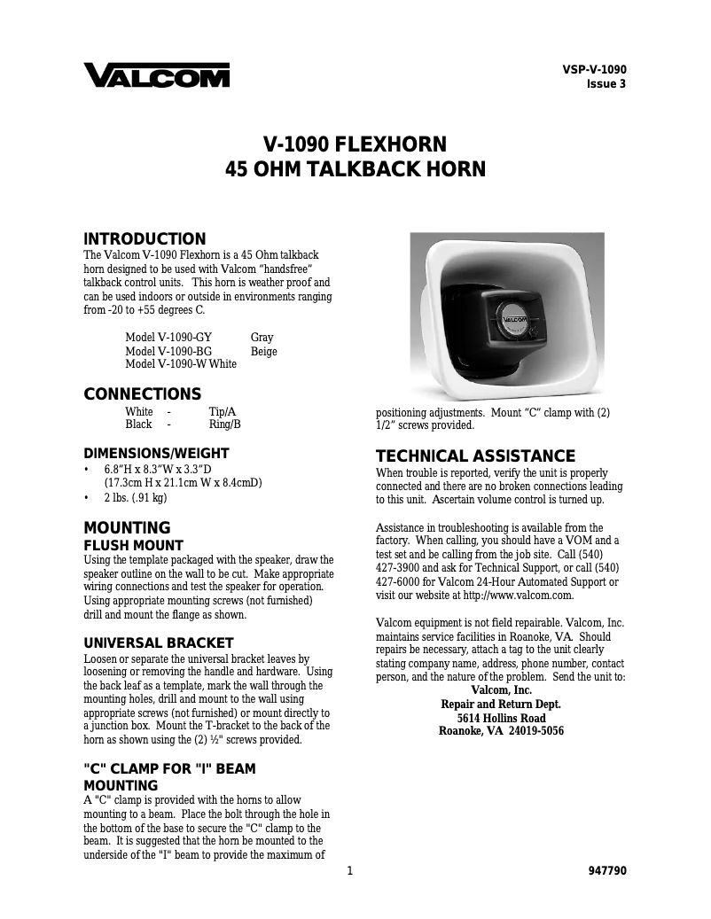 Page 1 de la notice Manuel utilisateur Valcom V-1090