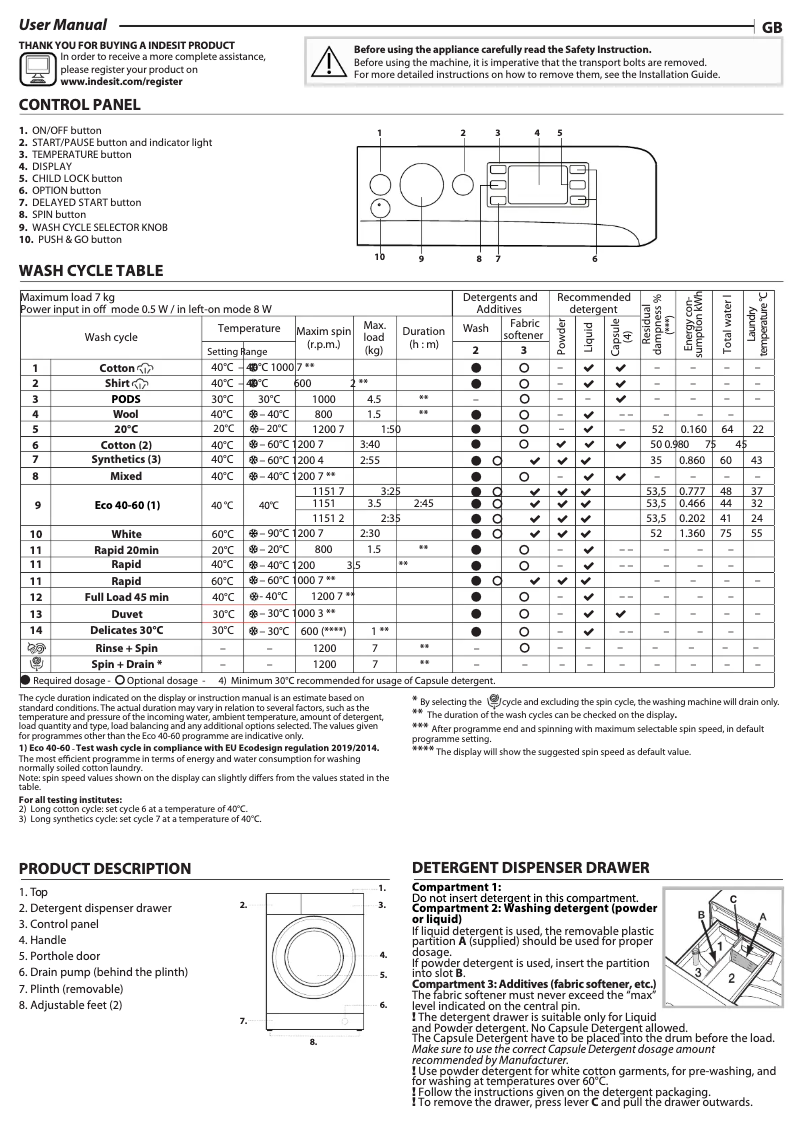 Page 1 de la notice Manuel d'utilisation et d'entretien Indesit BWE 71295X WSV EE