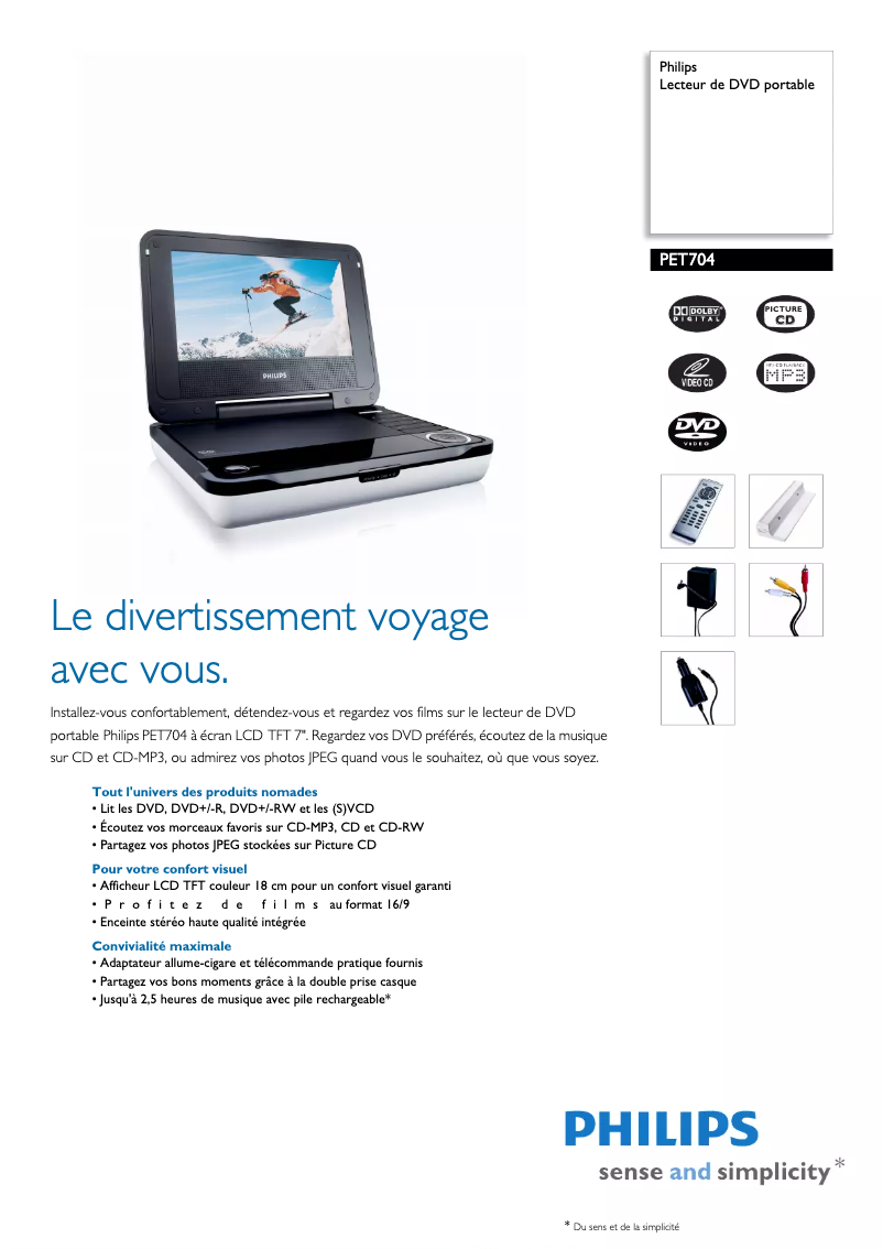 Page 1 de la notice Fiche technique Philips PET704