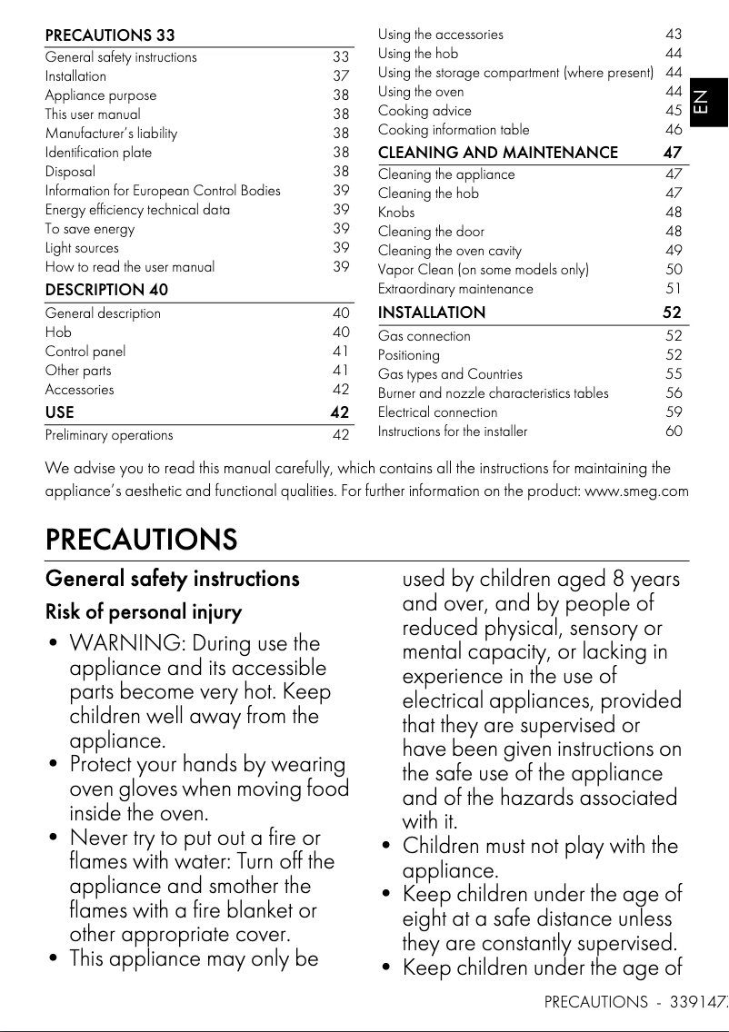 Page 1 de la notice Manuel utilisateur Smeg CX60GMX
